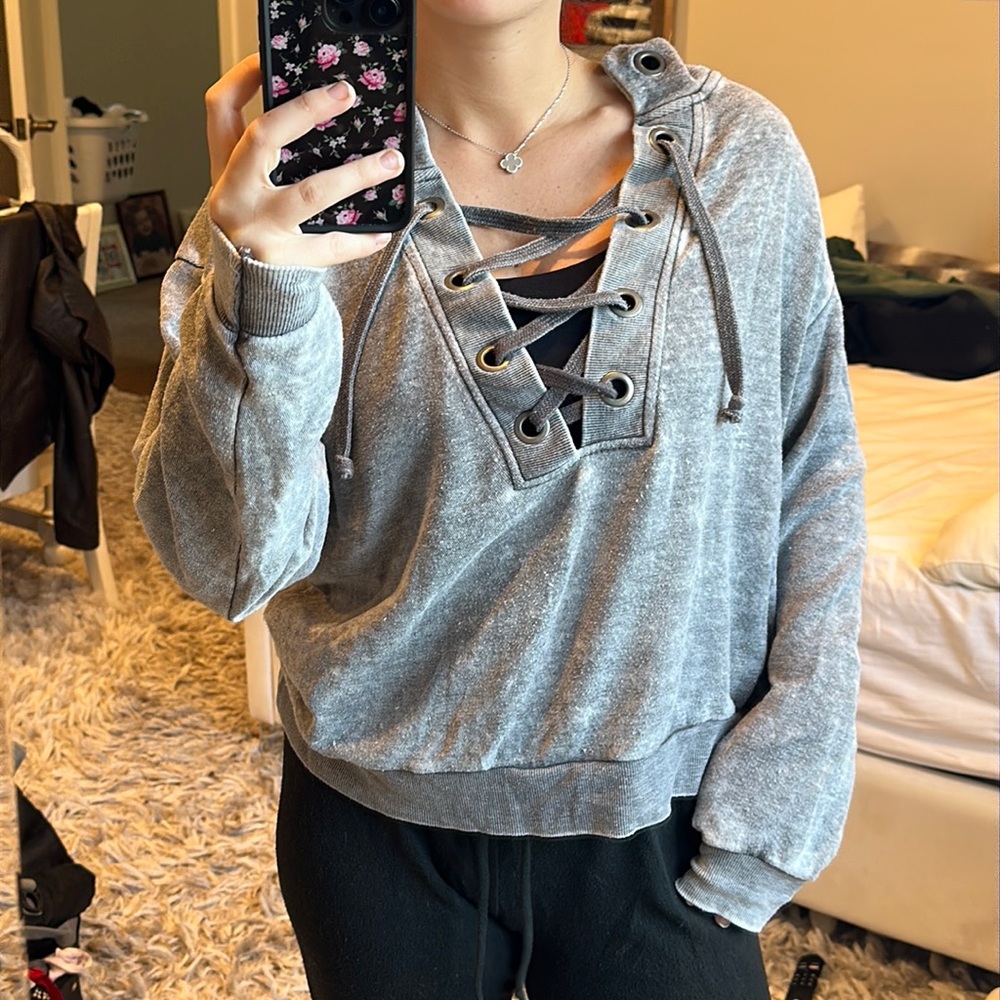 Super soft grey lace-up hopdie. So cute, lightweight, and comfortable